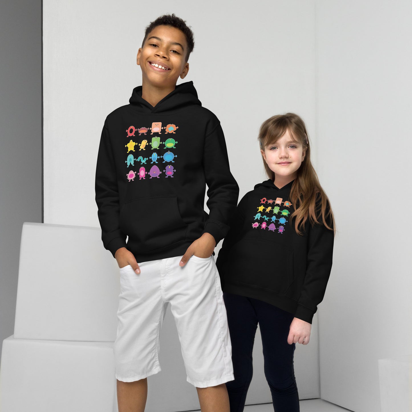 Kids Hoodie Black or Blue rainbow monsters