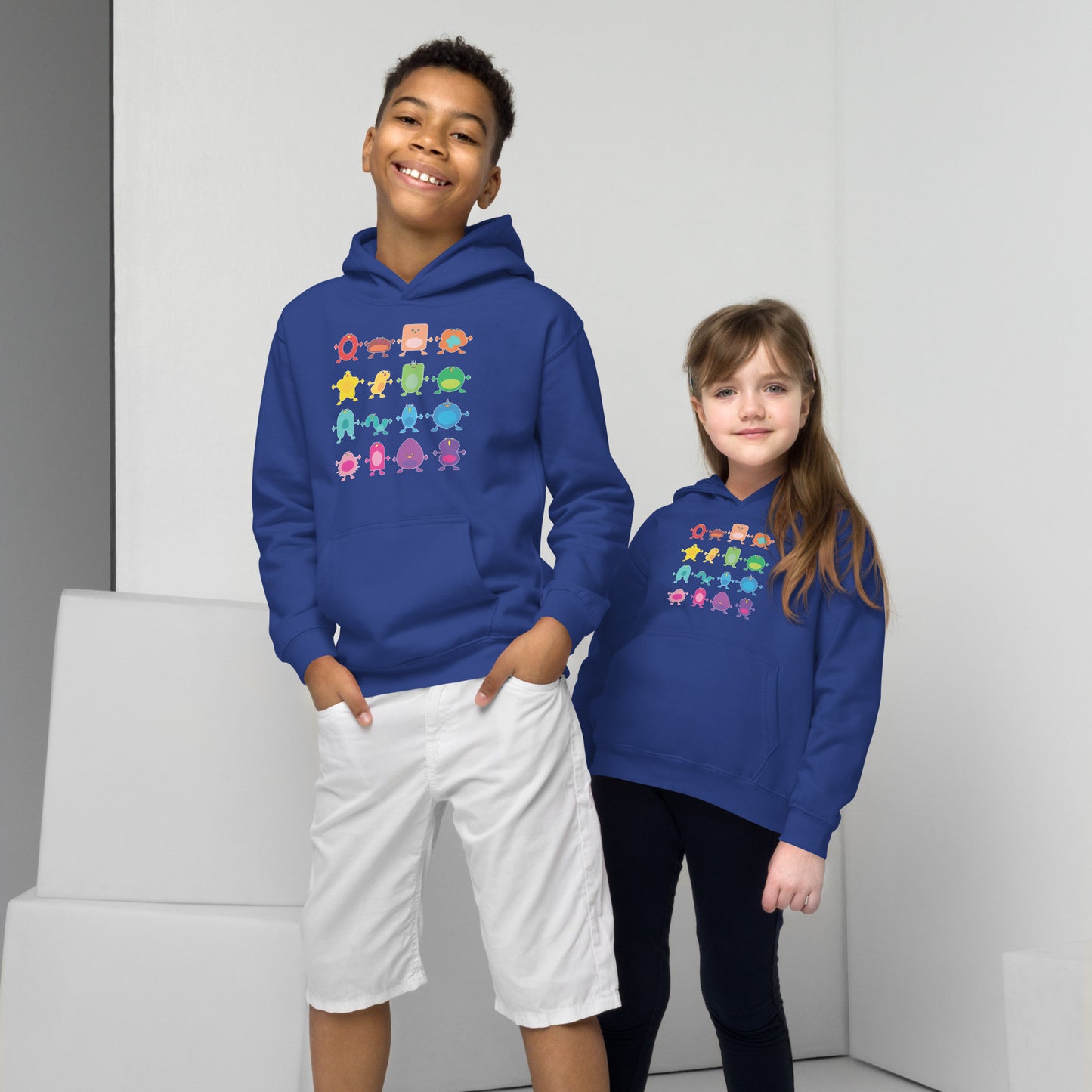 Kids Hoodie Black or Blue rainbow monsters