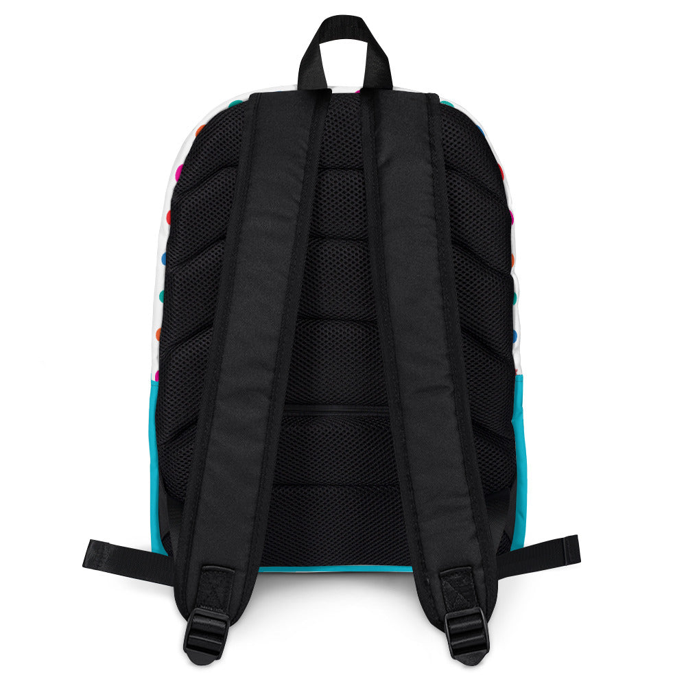 White Turquoise Small Dot Monster Backpack with zip pocket black back and straps