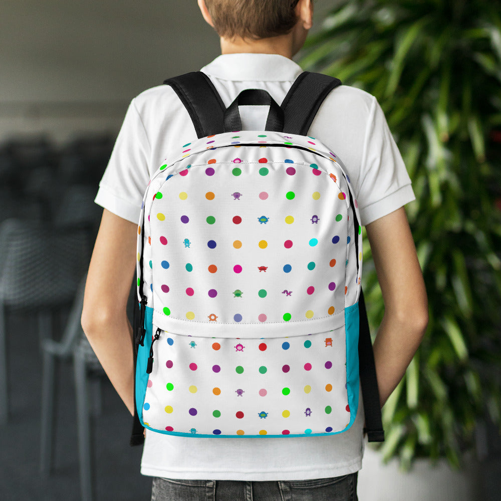 Backpack White Turquoise Small Dot Monsters (includes front pocket)
