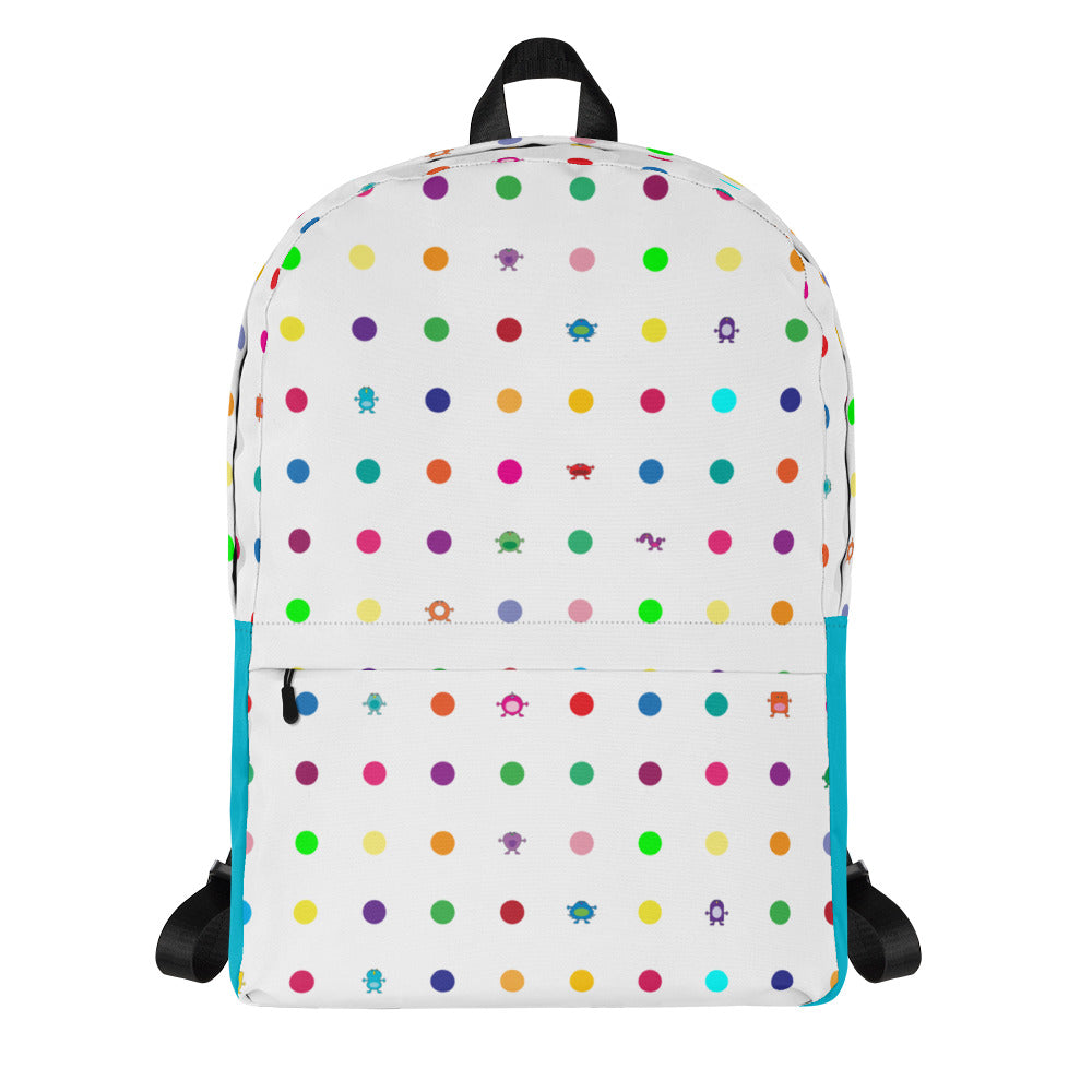 White Turquoise Small Dot Monster Backpack with zip pocket front view