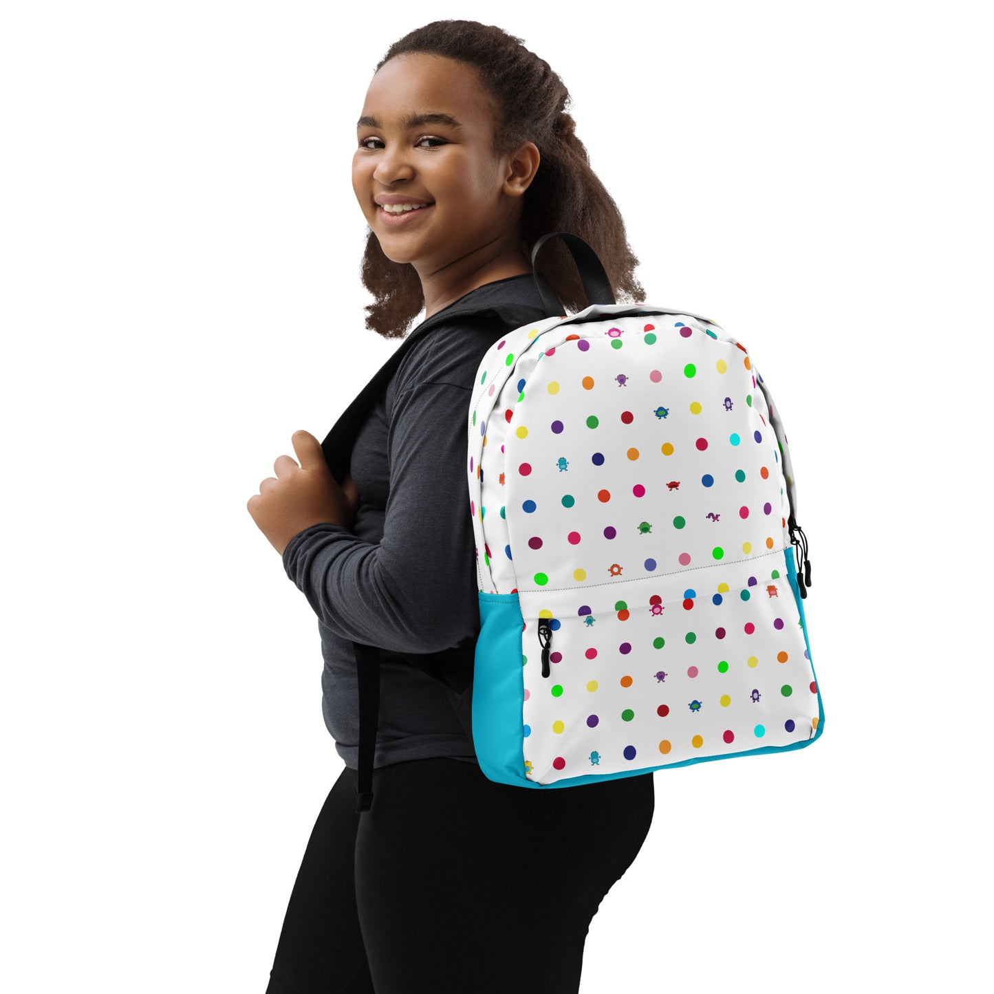 White Turquoise Small Dot Monster Backpack with zip pocket tween teen girl
