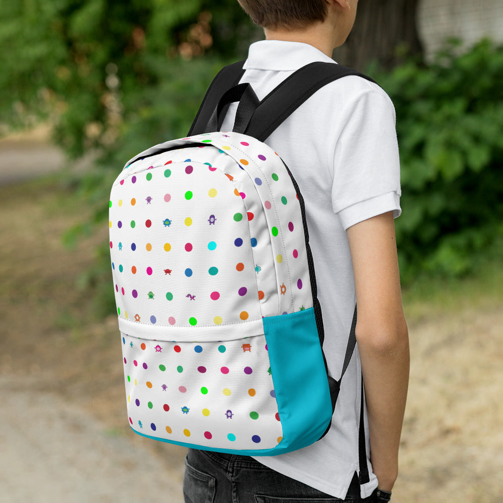 Backpack White Turquoise Small Dot Monsters (includes front pocket)