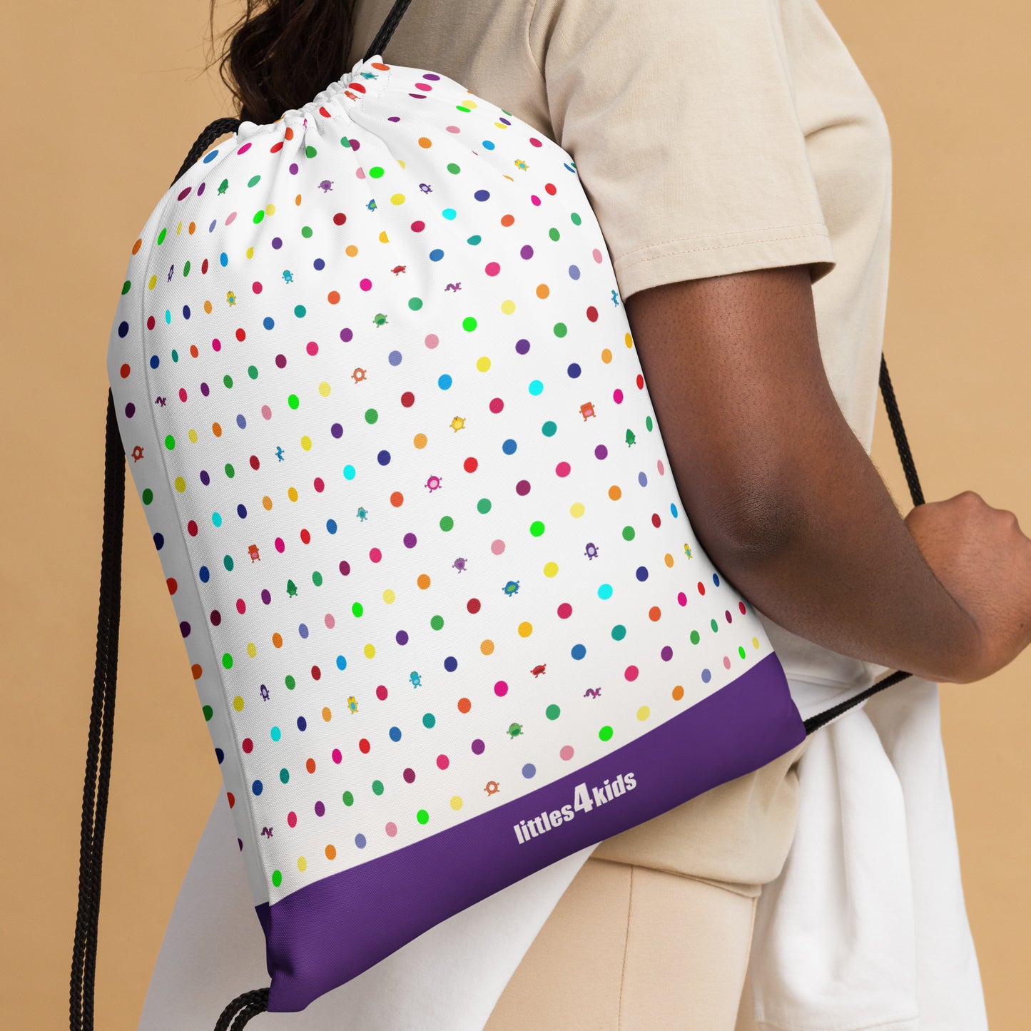 White Small Dot Monster drawstring bag purple bottom woman carrying