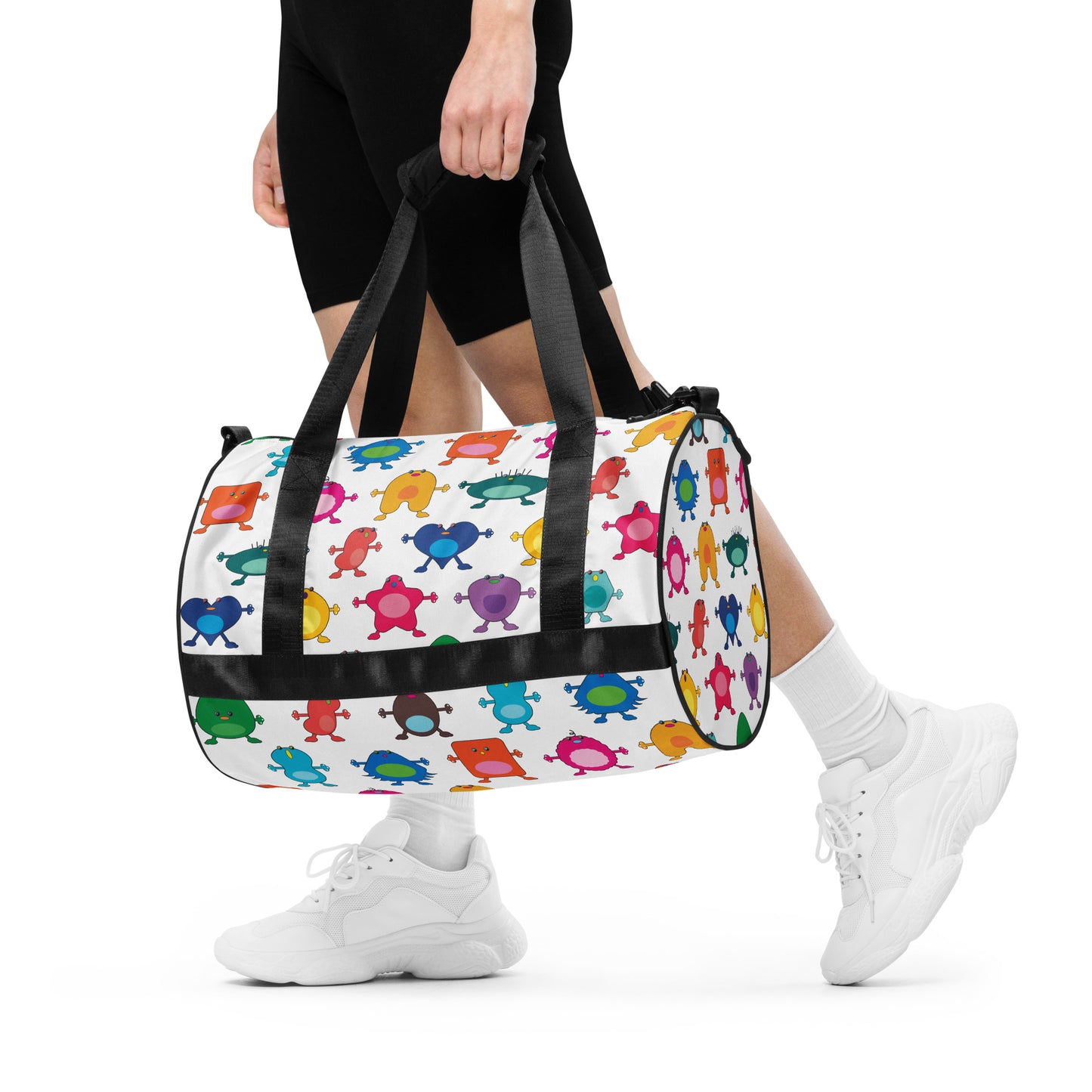 Kids cute colourful monster graphic print on white gym bag black handles