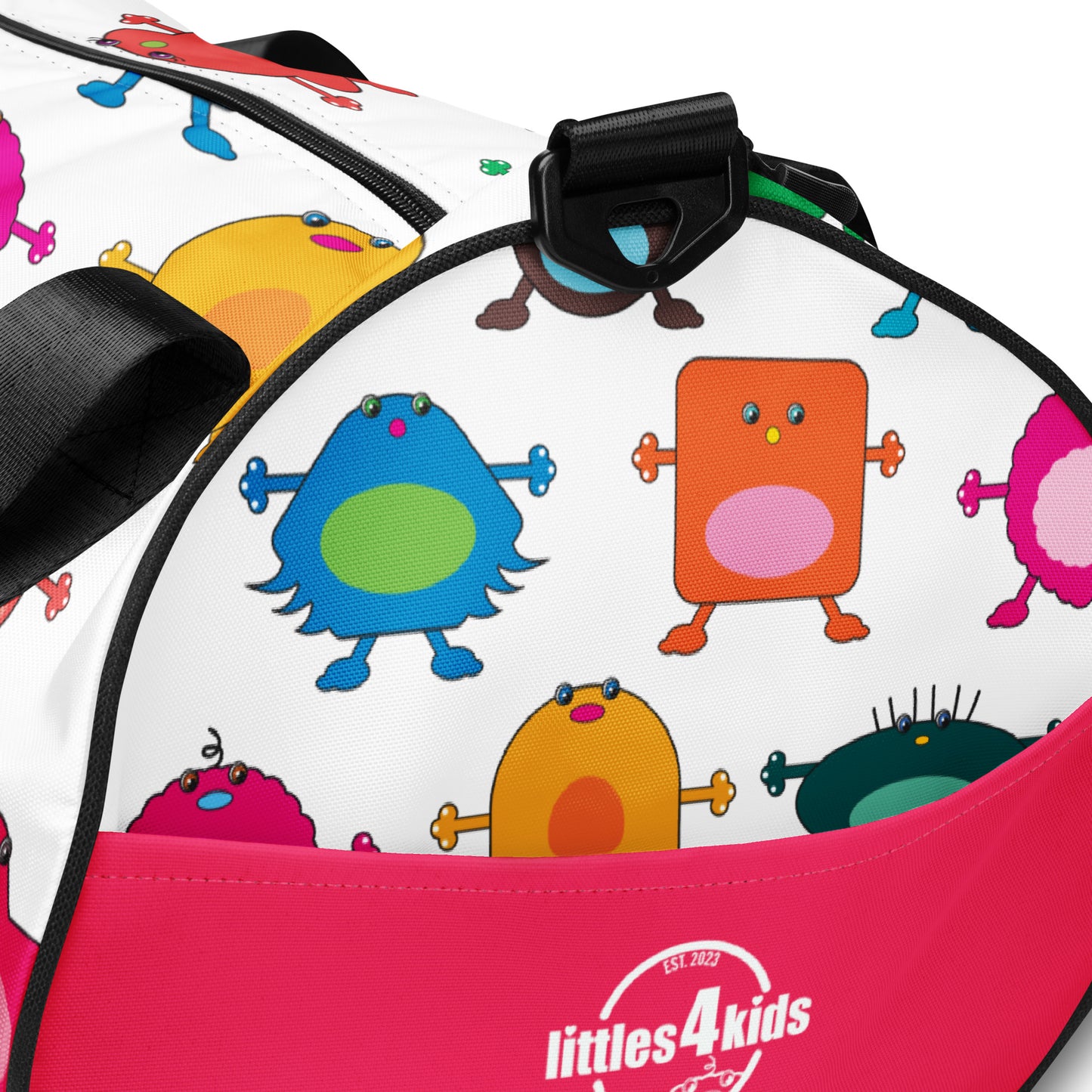 Kids cute colourful monster graphic print on white gym bag black handles with pink pocket