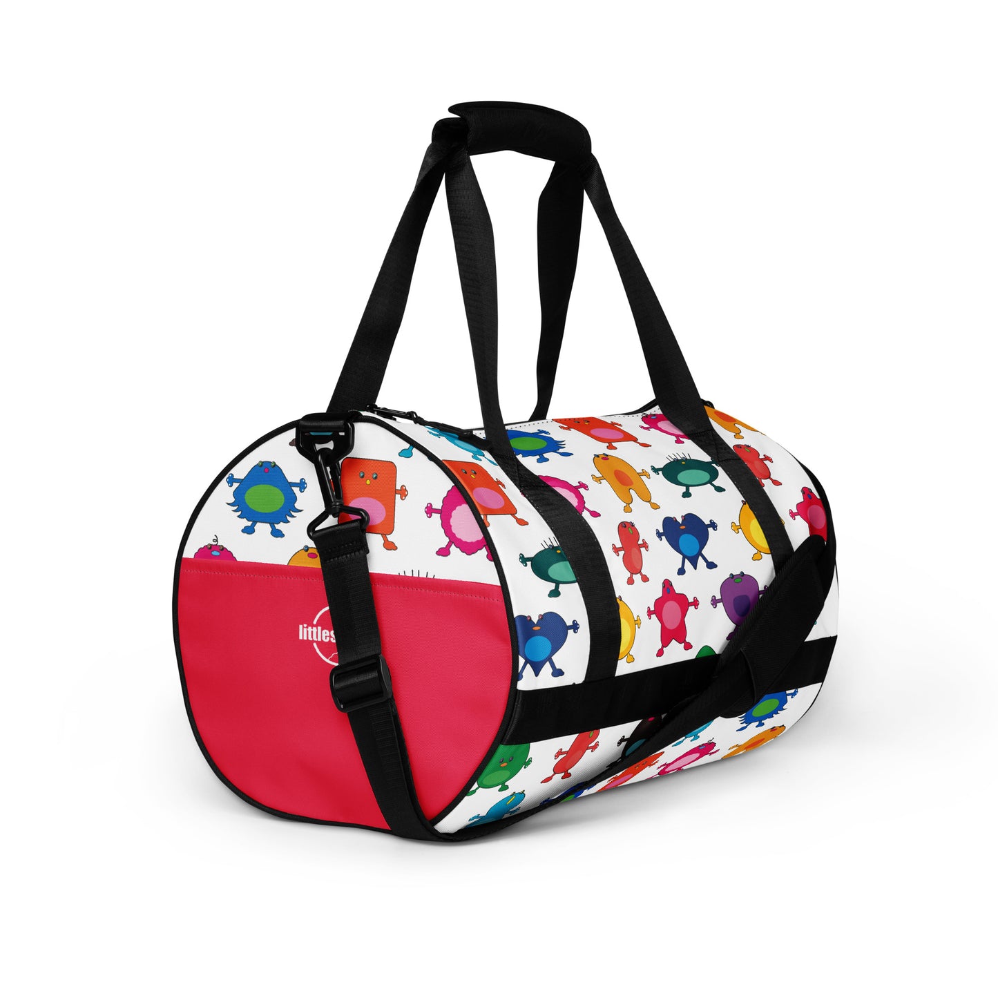 Kids cute colourful monster graphic print on white gym bag black handles with pink pocket