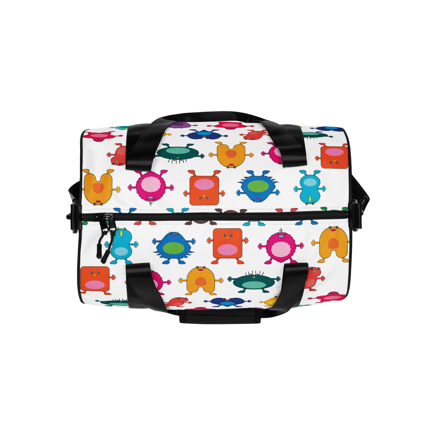 Kids cute colourful monster graphic print on white gym bag black handles top view black zipper