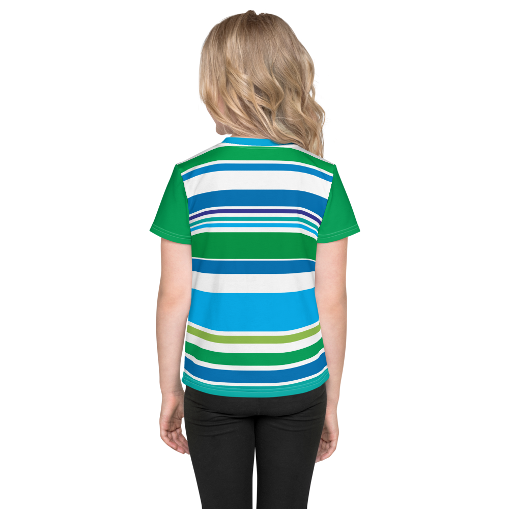 Blue green white striped shirt with blue monster and green sleeves girl rear