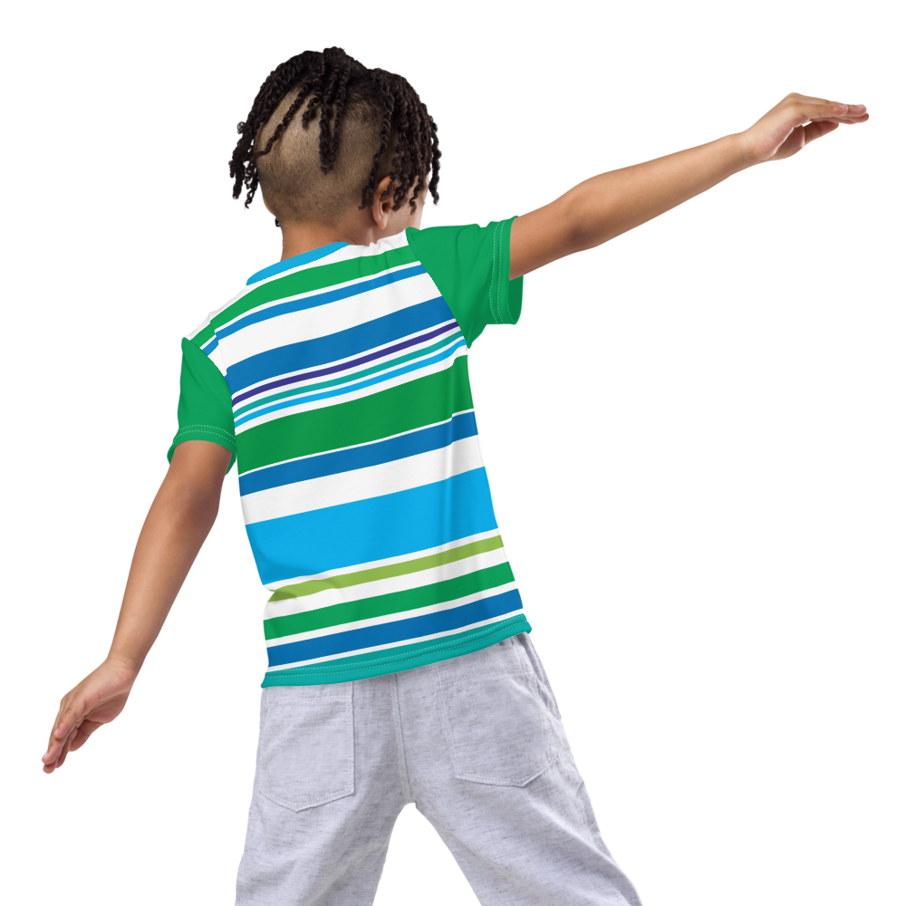 Blue green white striped shirt with blue monster and green sleeves boy rear