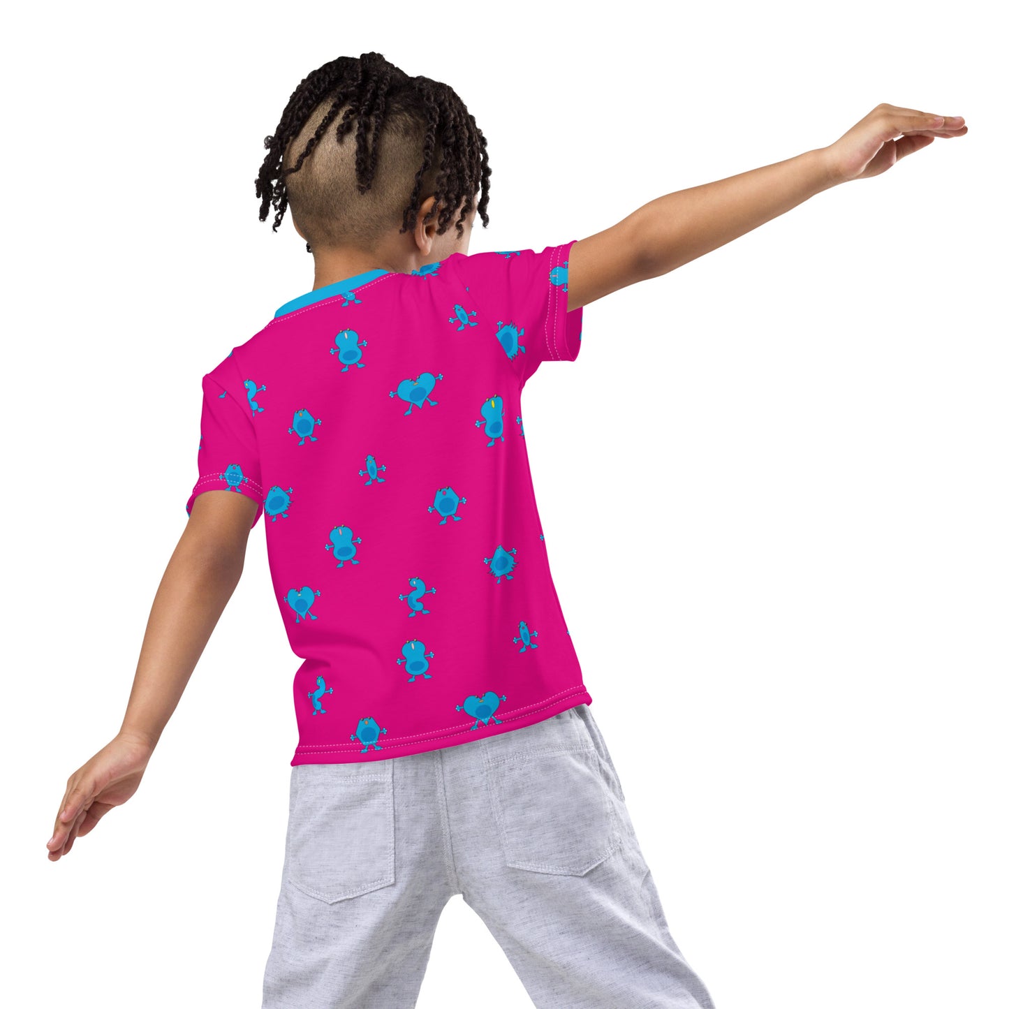 Pink Kids crew neck t-shirt with blue Monsters kid rear