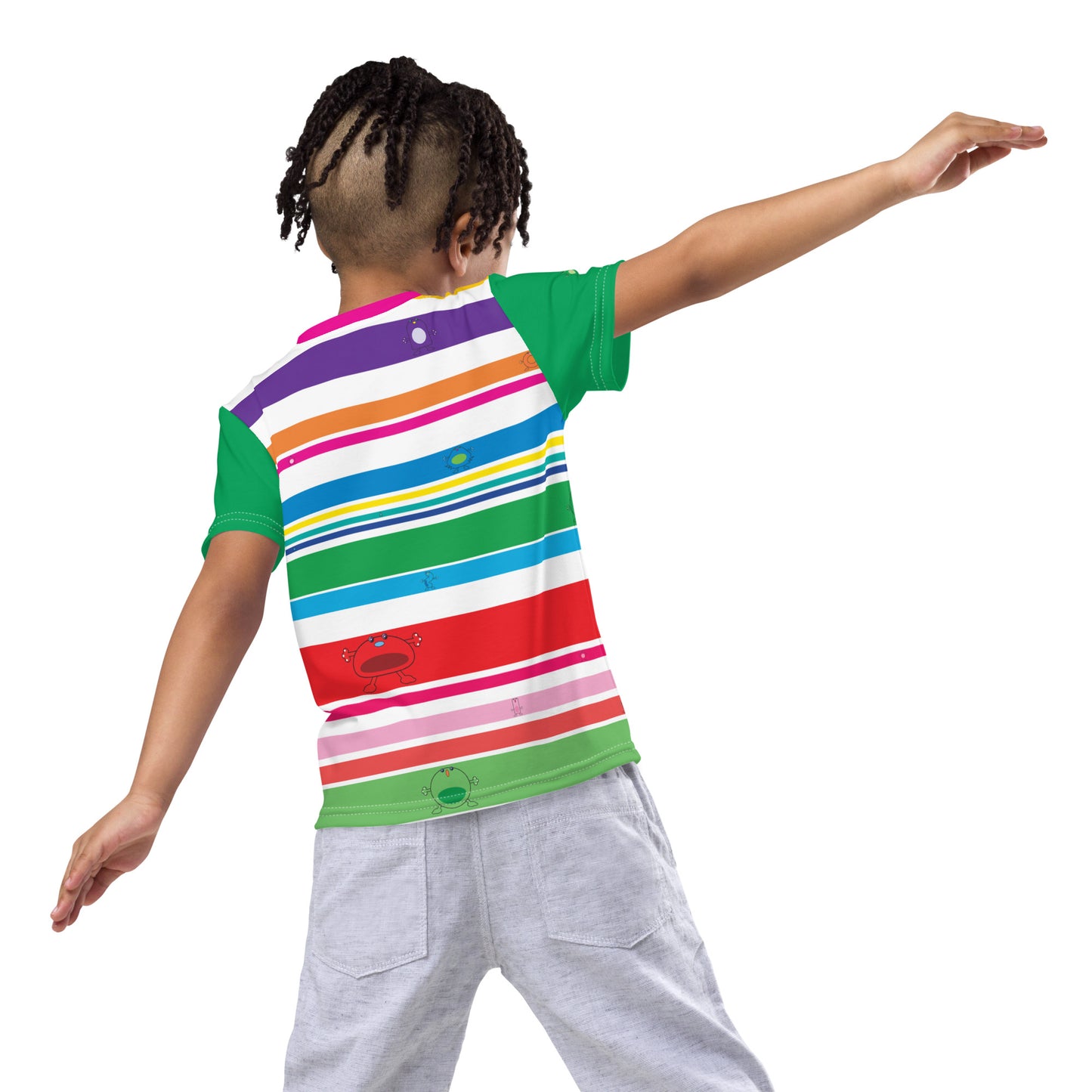 Multi Coloured striped Kids crew neck t-shirt with monsters Green Sleeves boy rear