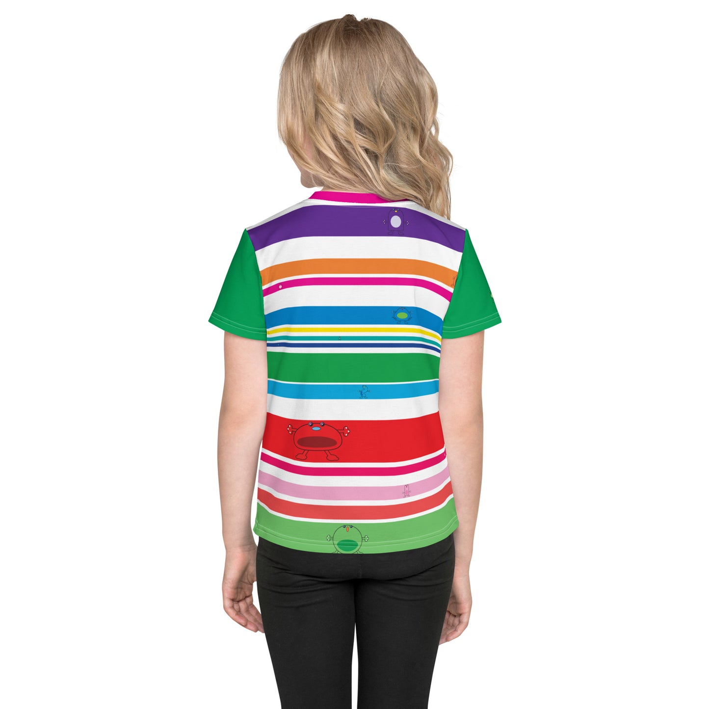 Multi Coloured striped Kids crew neck t-shirt with monsters Green Sleeves boy front