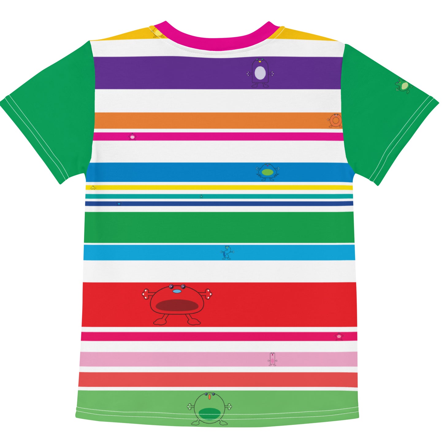 Multi Coloured striped Kids crew neck t-shirt with monsters Green Sleeves rear