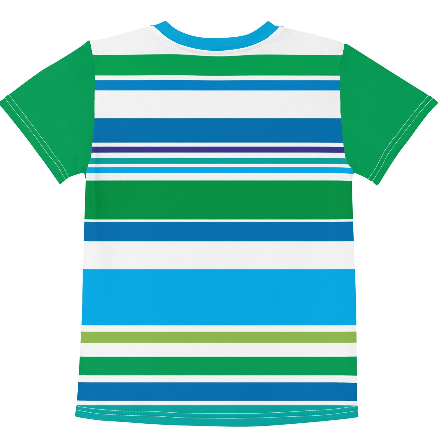 Blue green white striped shirt with blue monster and green sleeves rear