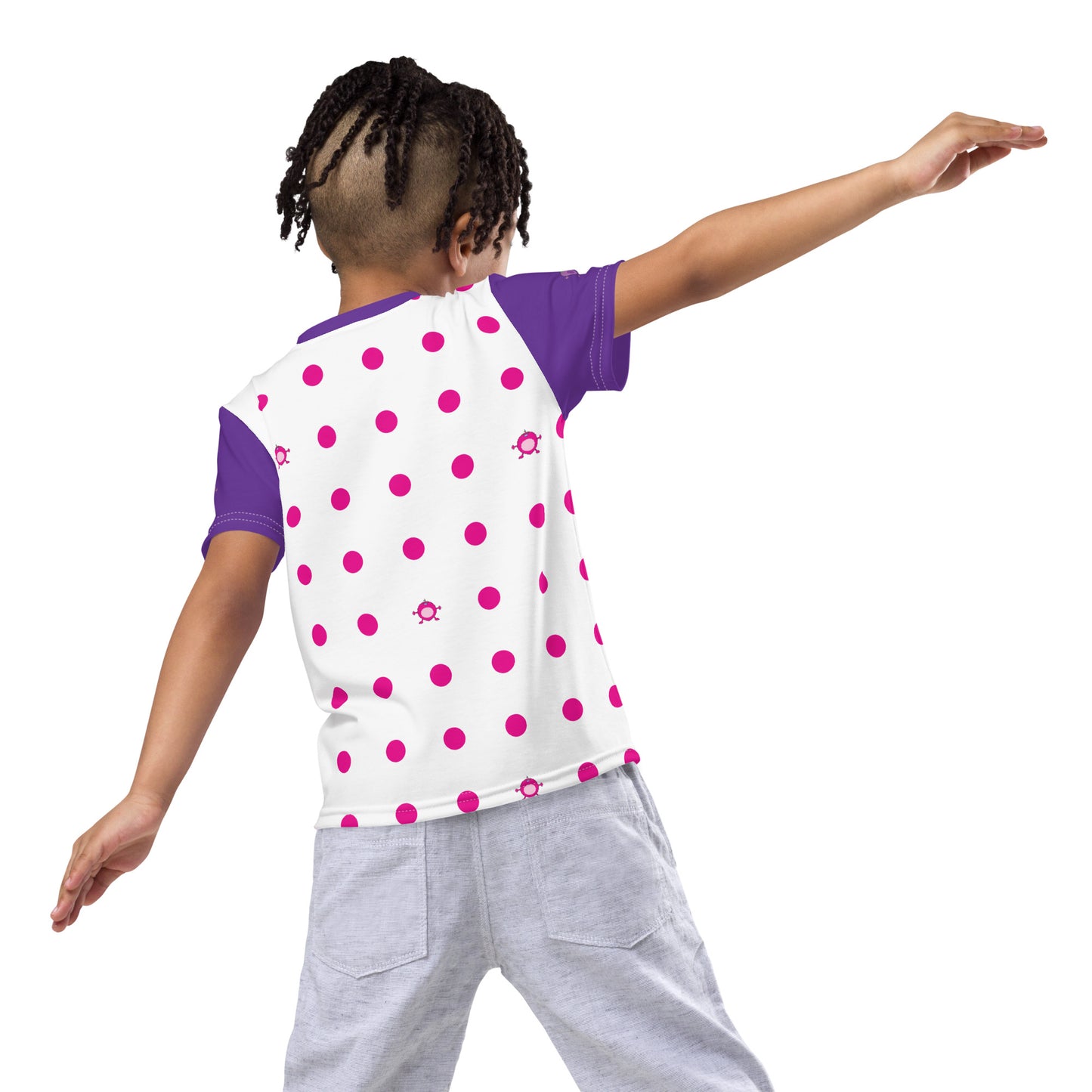 Kids t-shirt Pink Dot crew neck with purple sleeves