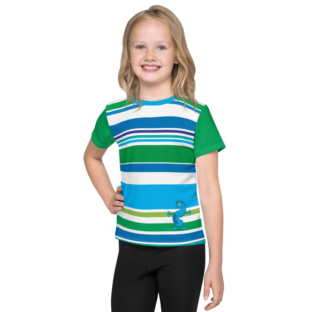 Blue green white striped shirt with blue monster and green sleeves girl front