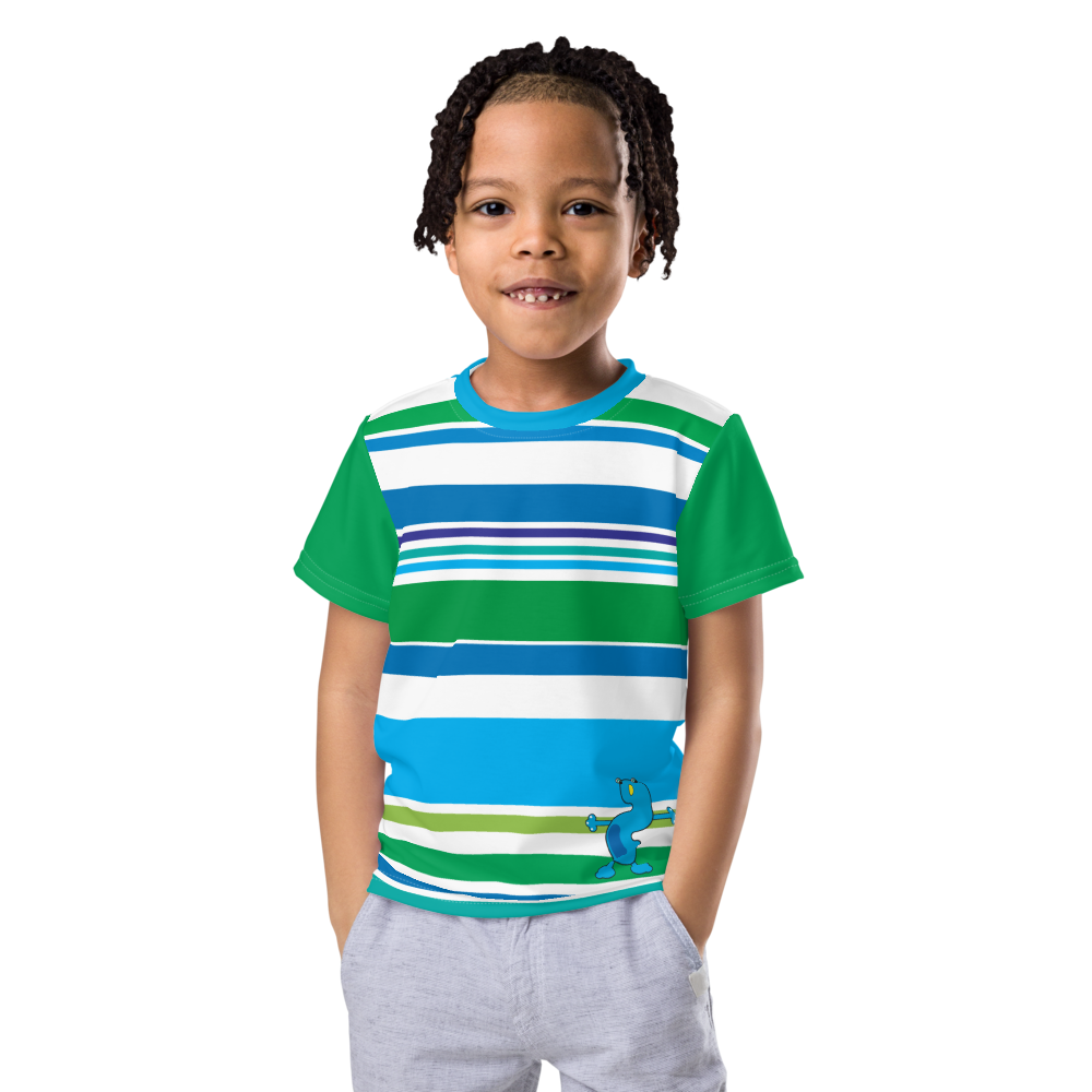 Blue green white striped shirt with blue monster and green sleeves boy front