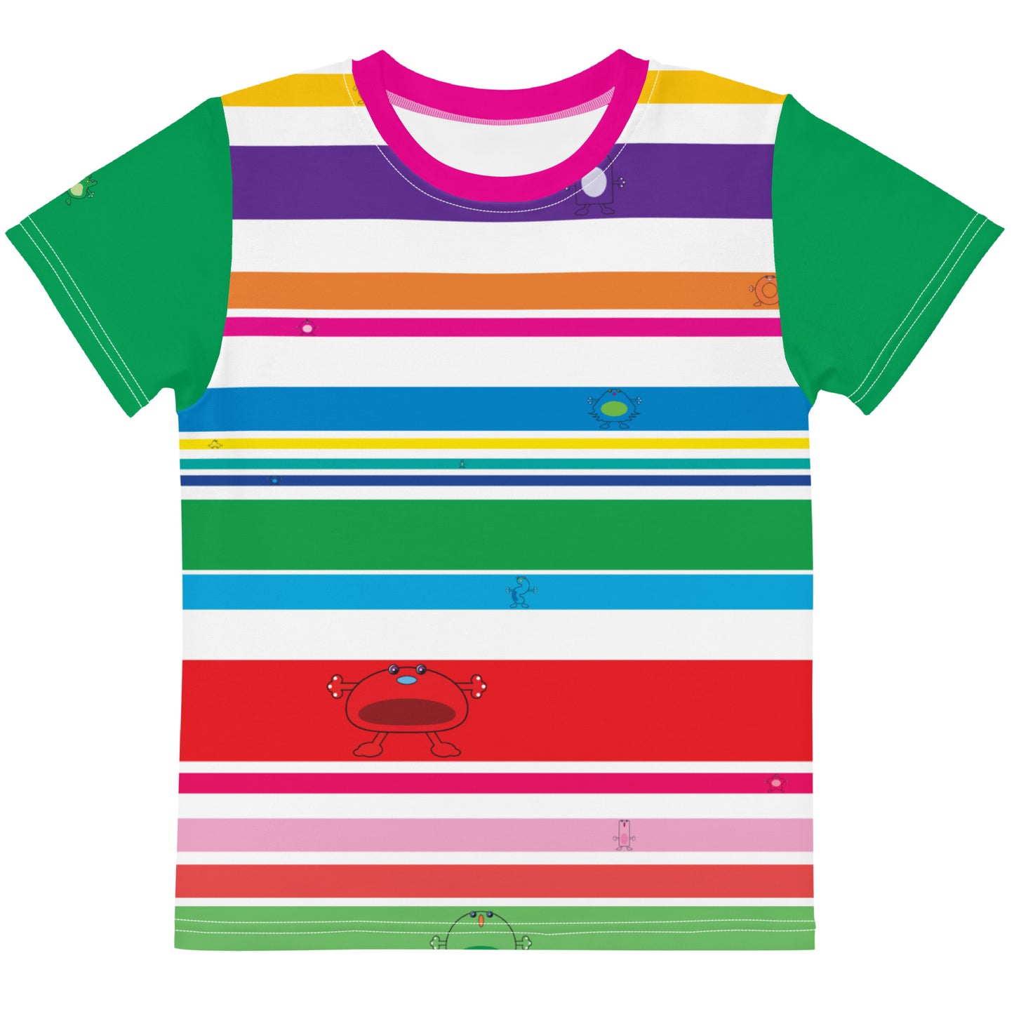 Multi Coloured striped Kids crew neck t-shirt with monsters Green Sleeves