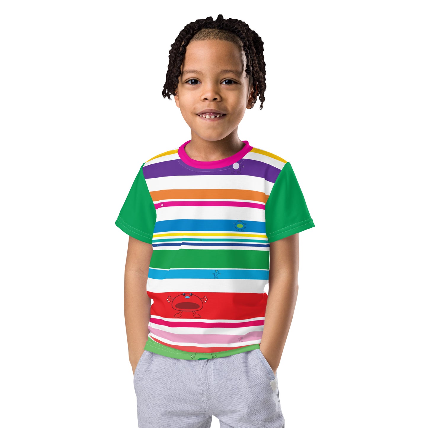 Multi Coloured striped Kids crew neck t-shirt with monsters Green Sleeves girl frontMulti Coloured striped Kids crew neck t-shirt with monsters Green Sleeves boy front