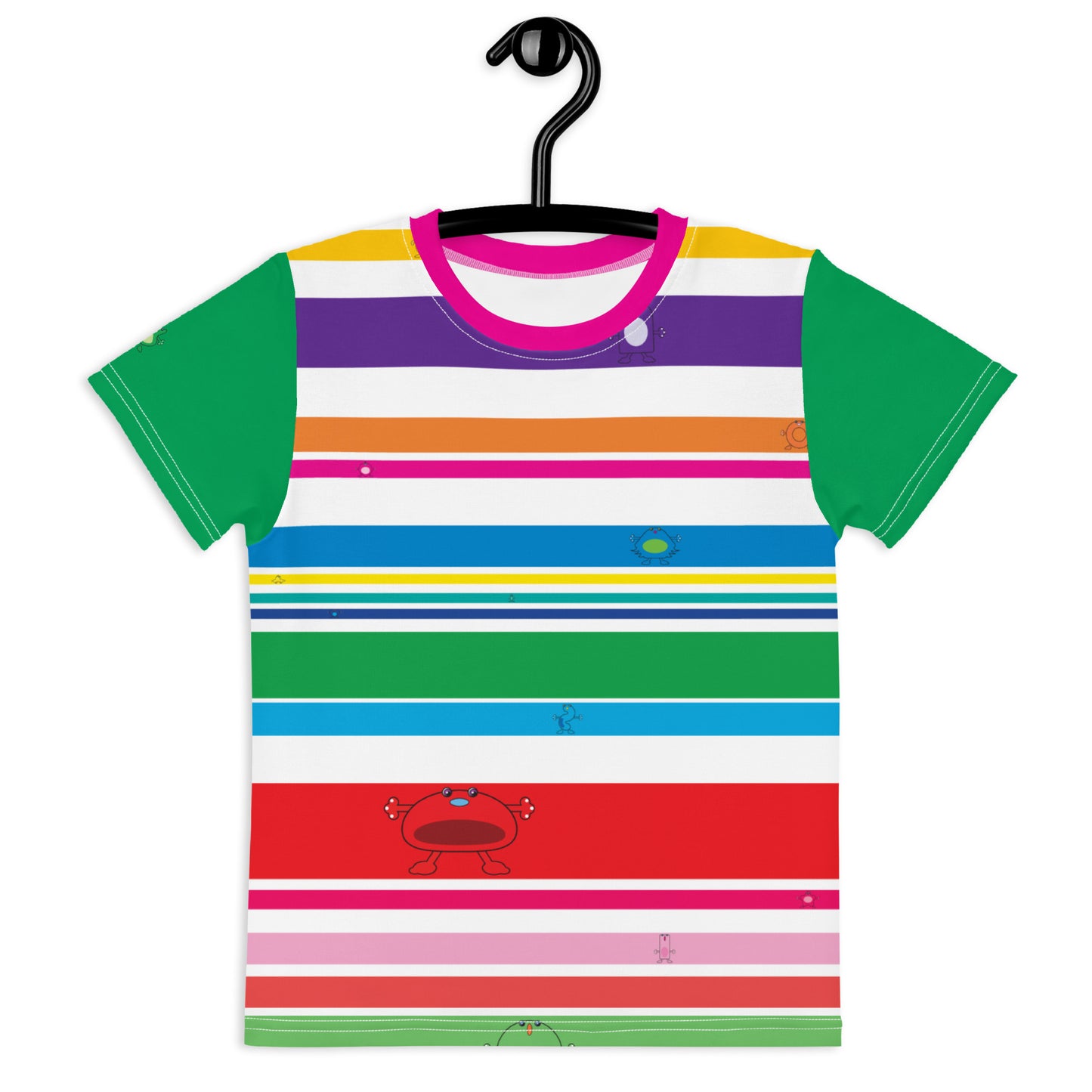 Multi Coloured striped Kids crew neck t-shirt with monsters Green Sleeves