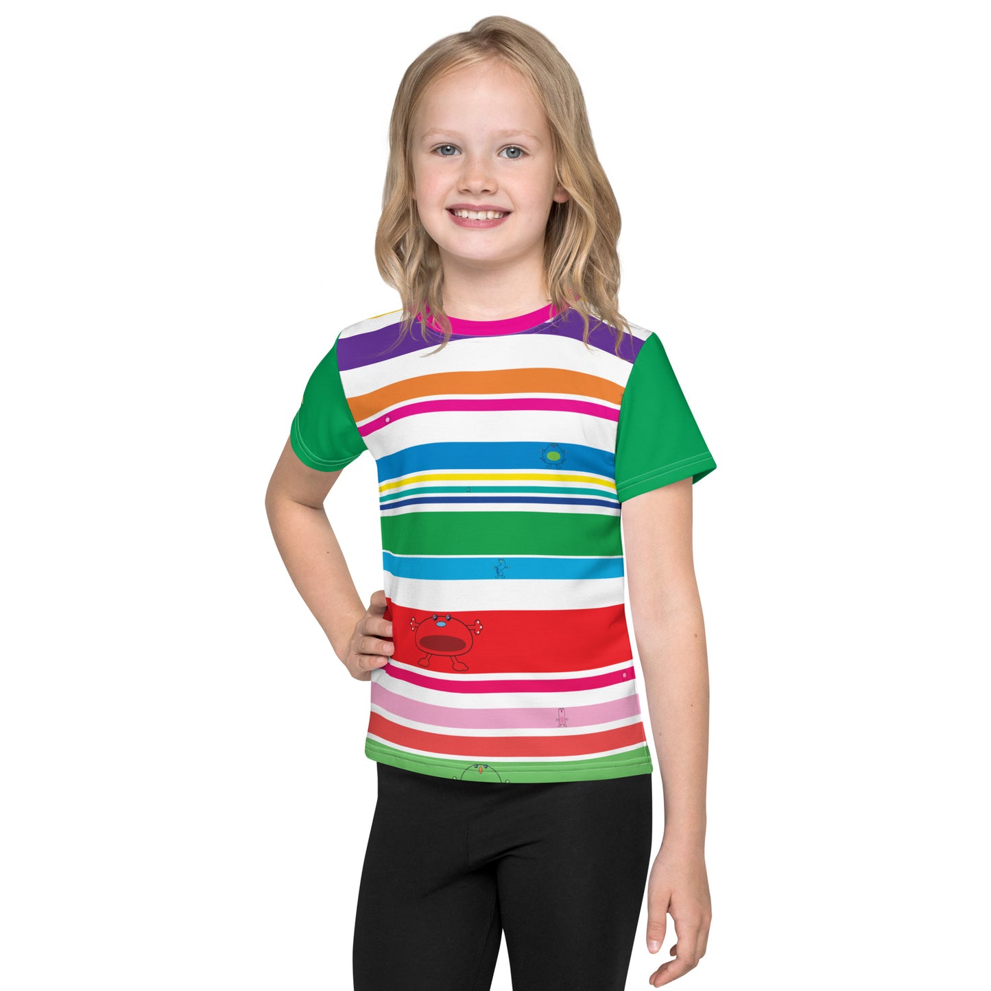 Multi Coloured striped Kids crew neck t-shirt with monsters Green Sleeves girl front