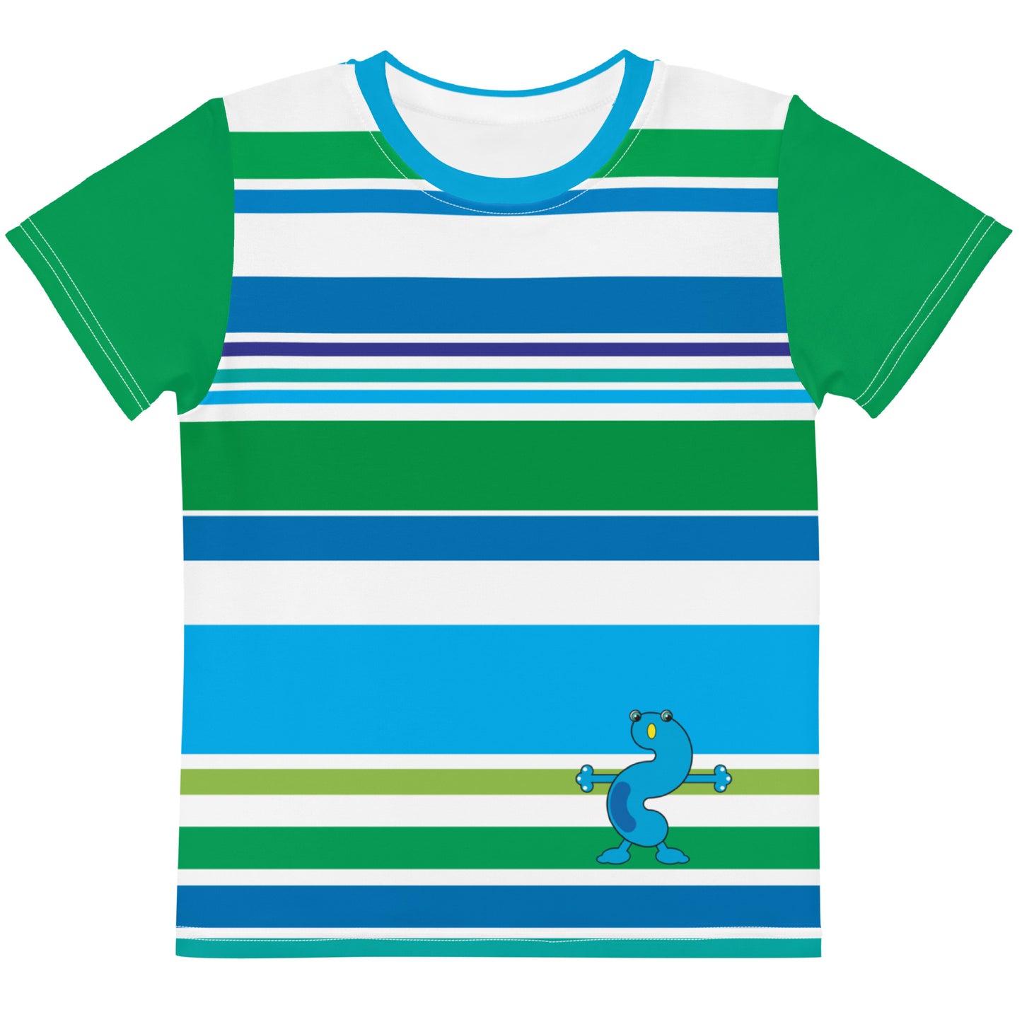Blue green white striped shirt with blue monster and green sleeves front