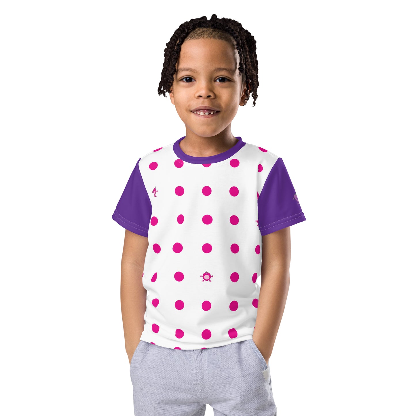 Kids t-shirt Pink Dot crew neck with purple sleeves