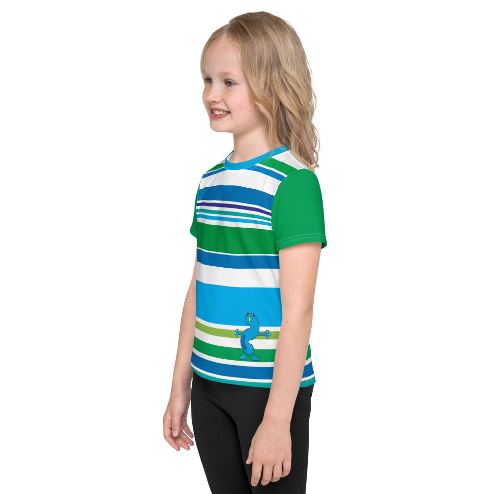 Blue green white striped shirt with blue monster and green sleeves girl side