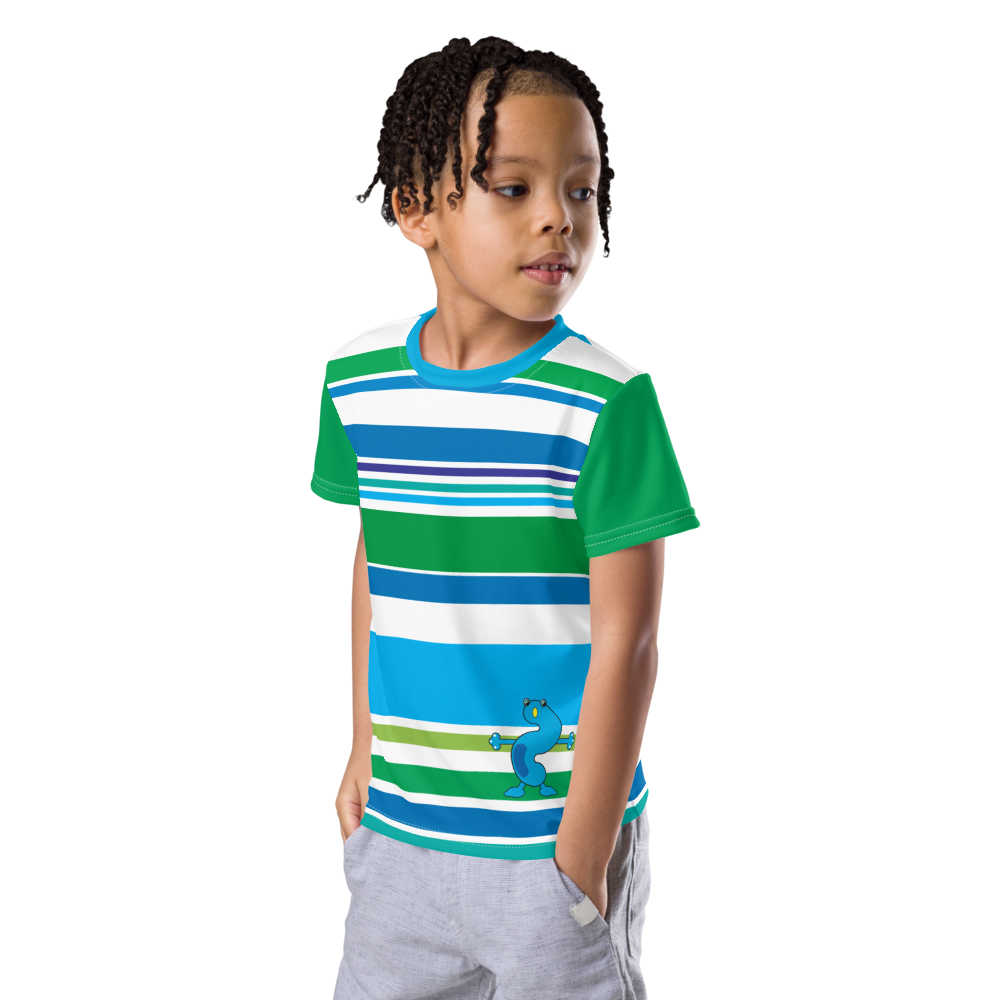 Blue green white striped shirt with blue monster and green sleeves boy front