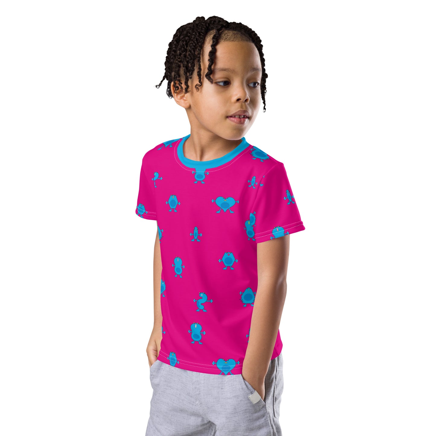 Pink Kids crew neck t-shirt with blue Monsters kid front