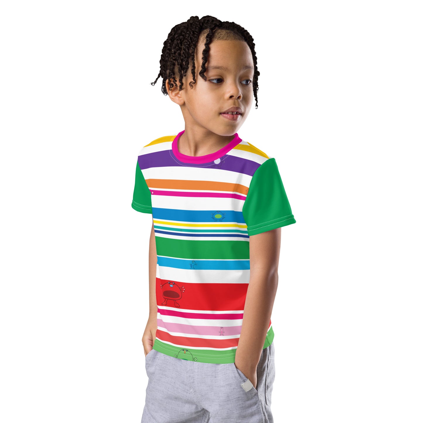 Multi Coloured striped Kids crew neck t-shirt with monsters Green Sleeves boy front