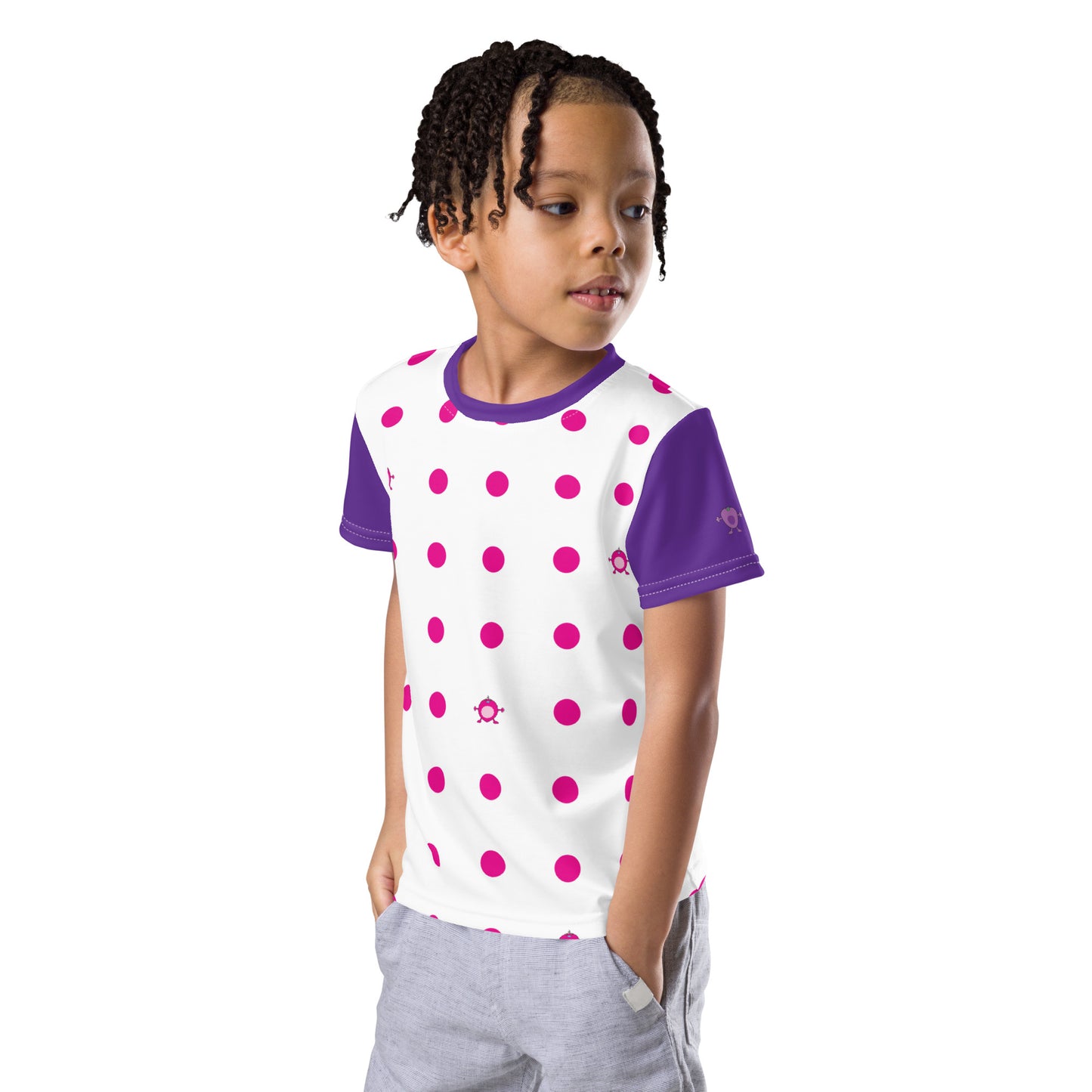 Kids t-shirt Pink Dot crew neck with purple sleeves
