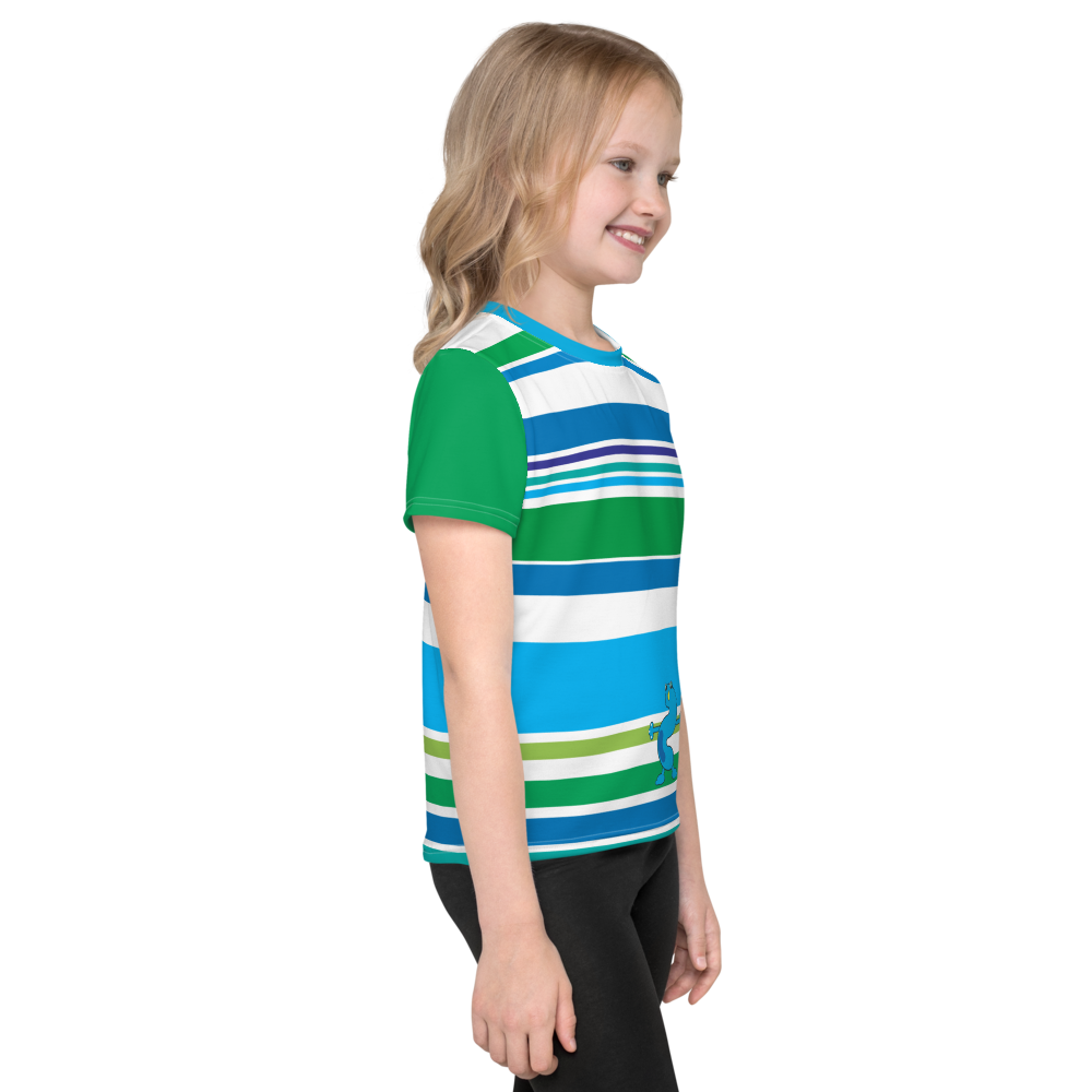 Blue green white striped shirt with blue monster and green sleeves girl side