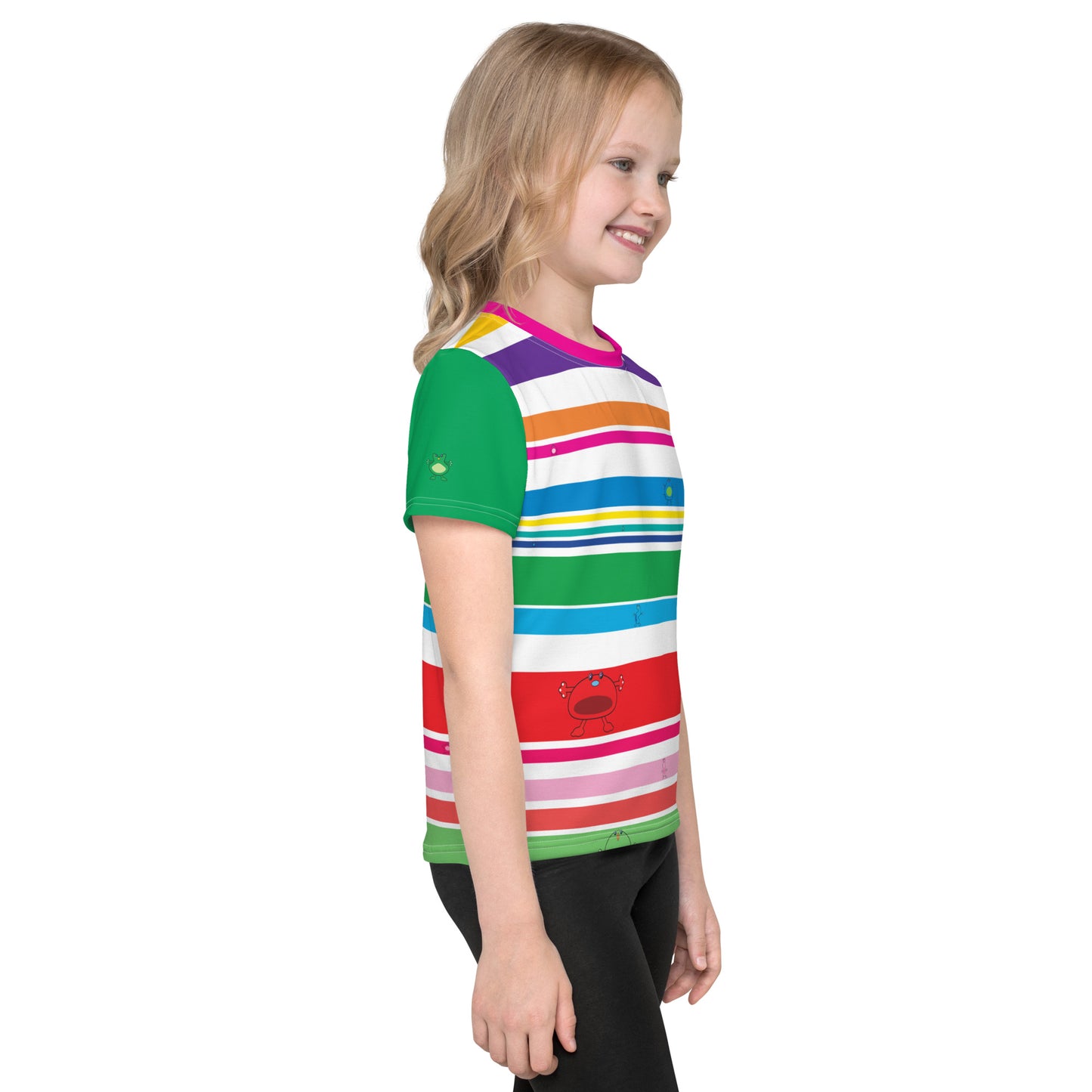 Multi Coloured striped Kids crew neck t-shirt with monsters Green Sleeves girl side