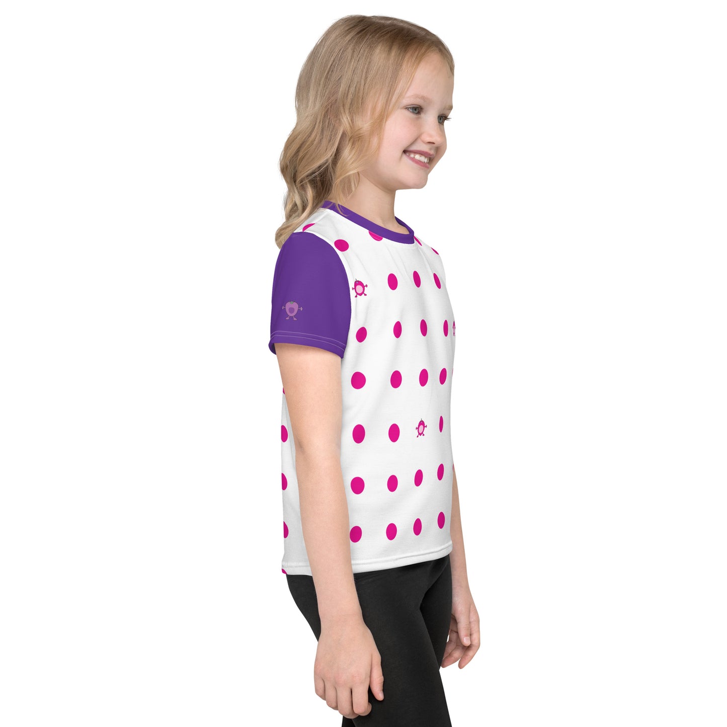 Kids t-shirt Pink Dot crew neck with purple sleeves
