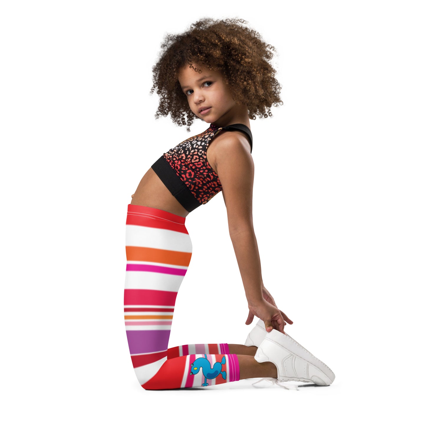 Red Pink White Monster Striped Kid's Leggings kid side