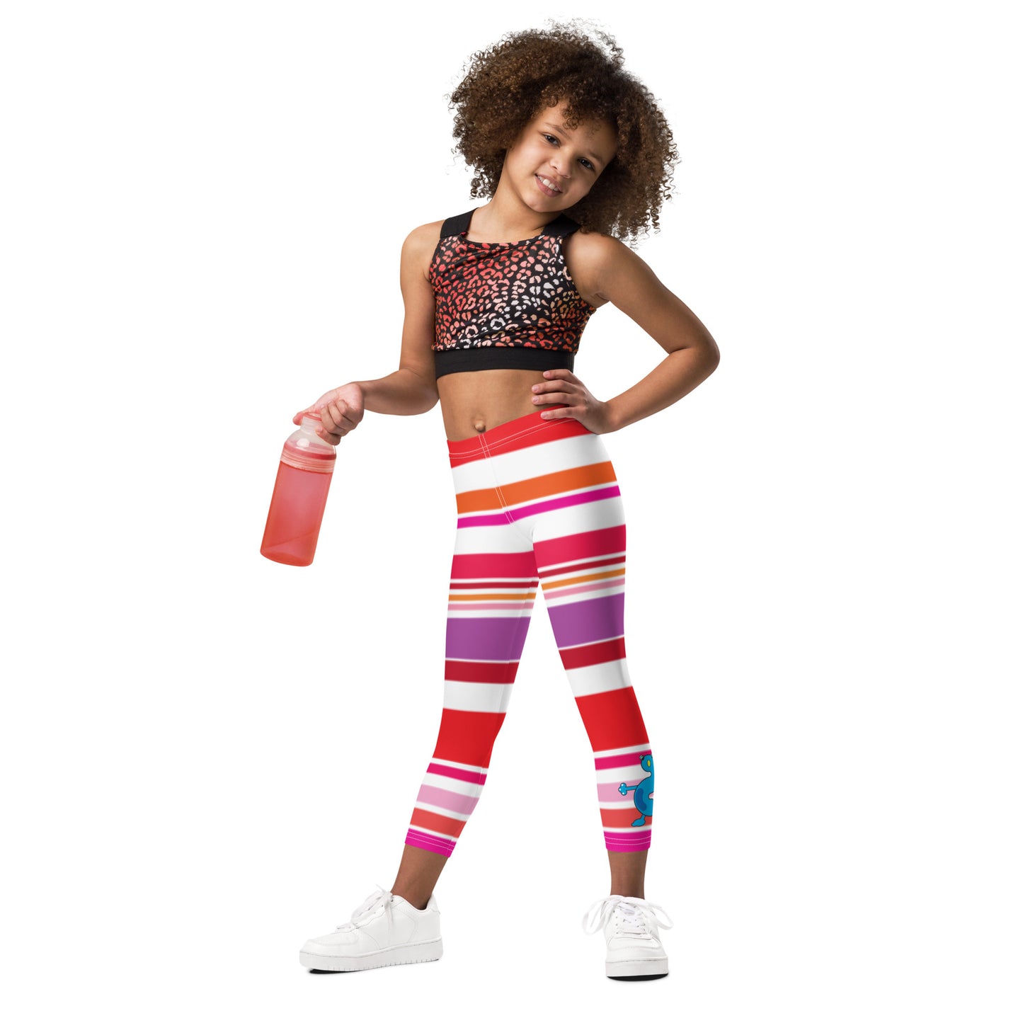 Red Pink White Monster Striped Kid's Leggings kid front