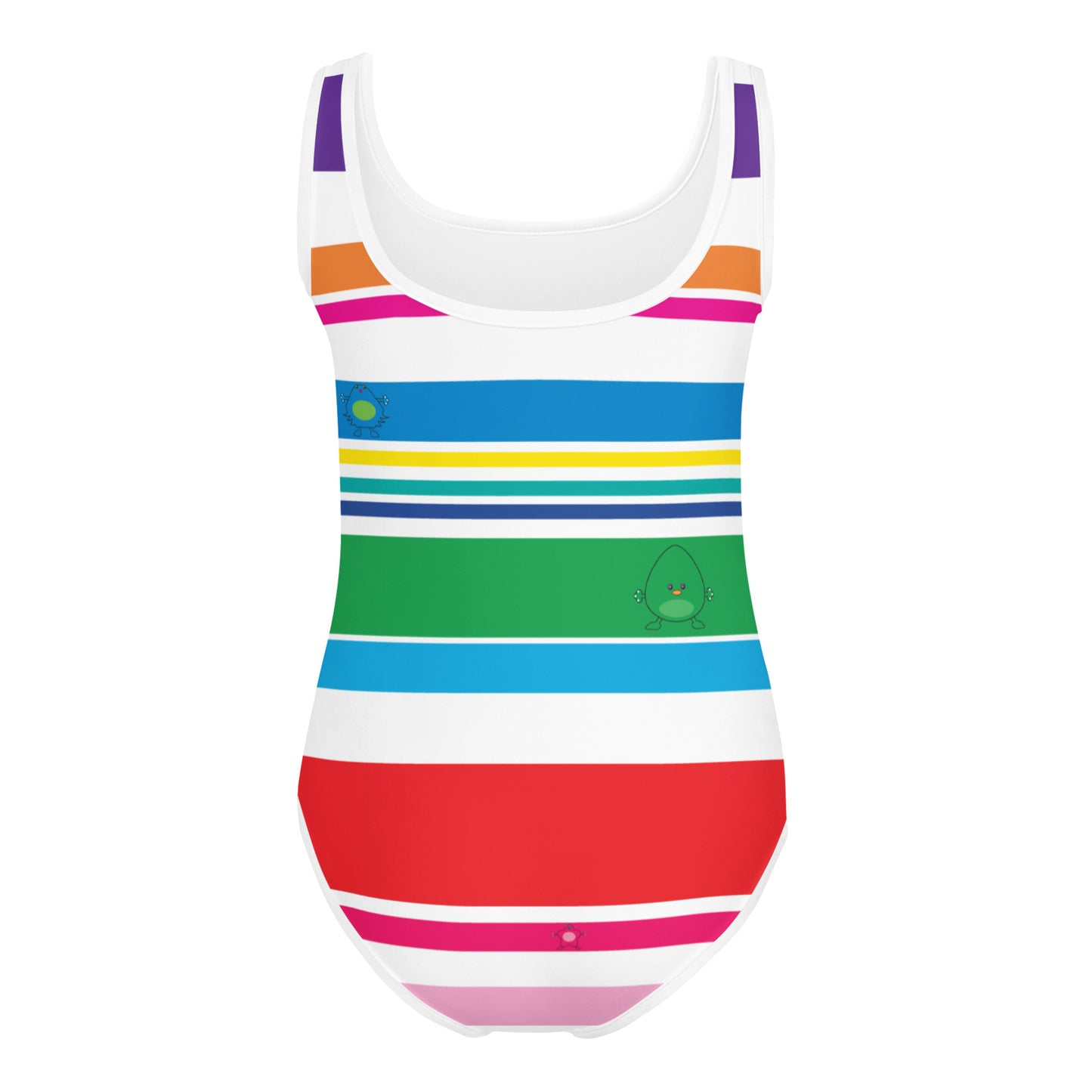 white girls swim suite with coloured stripes and monsters back view