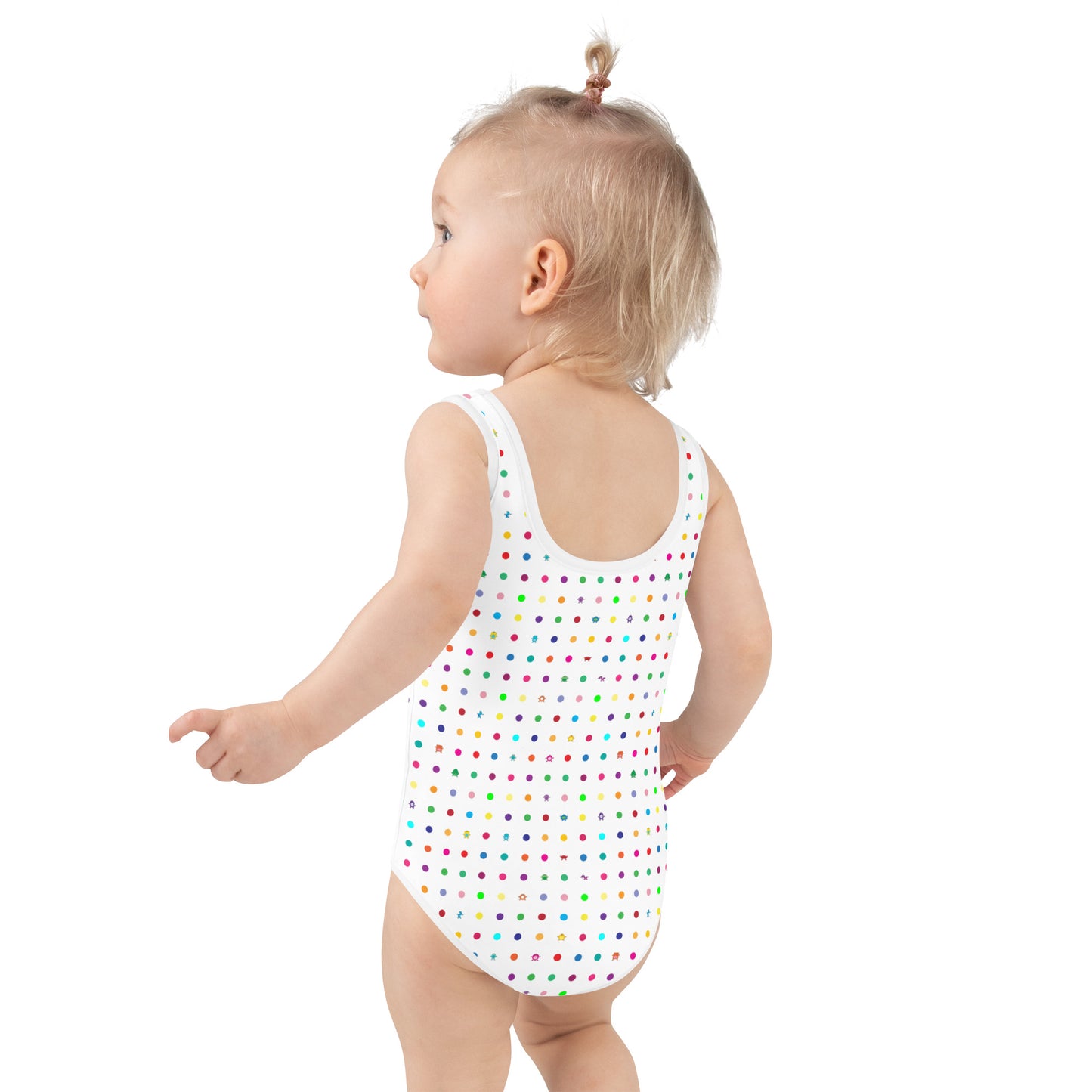 white girls swim suit with small dots and coloured monsters toddler rear view