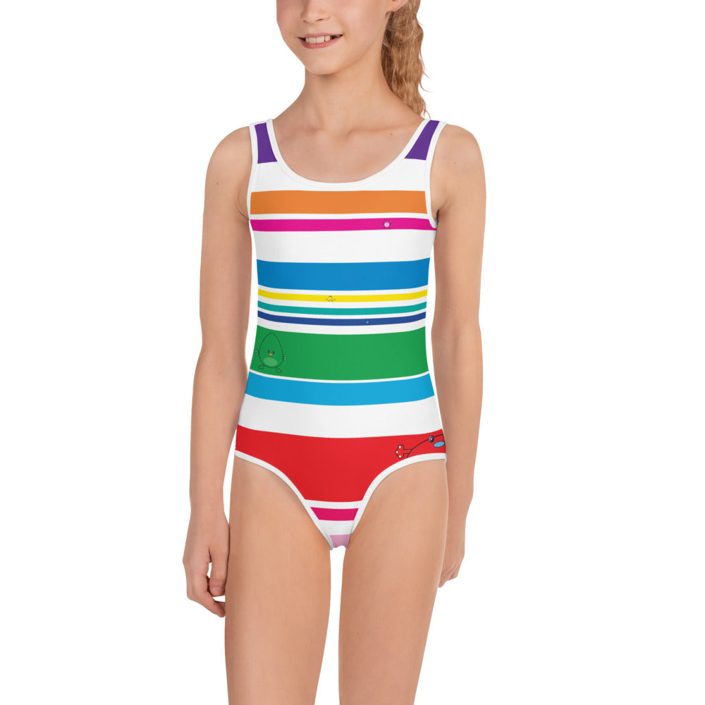 white girls swim suite with coloured stripes and monsters teen front view
