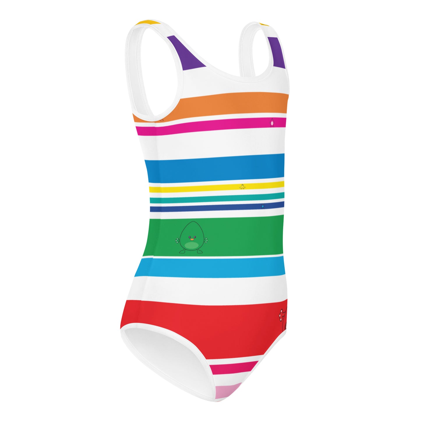 white girls swim suite with coloured stripes and monsters 3D side view