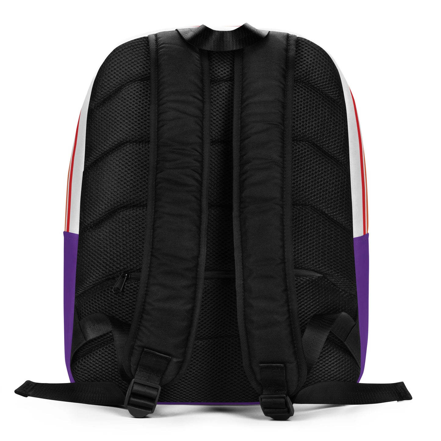 Large Monster White Minimalist Backpack purple base no pocket rainbow striped top black rear and straps