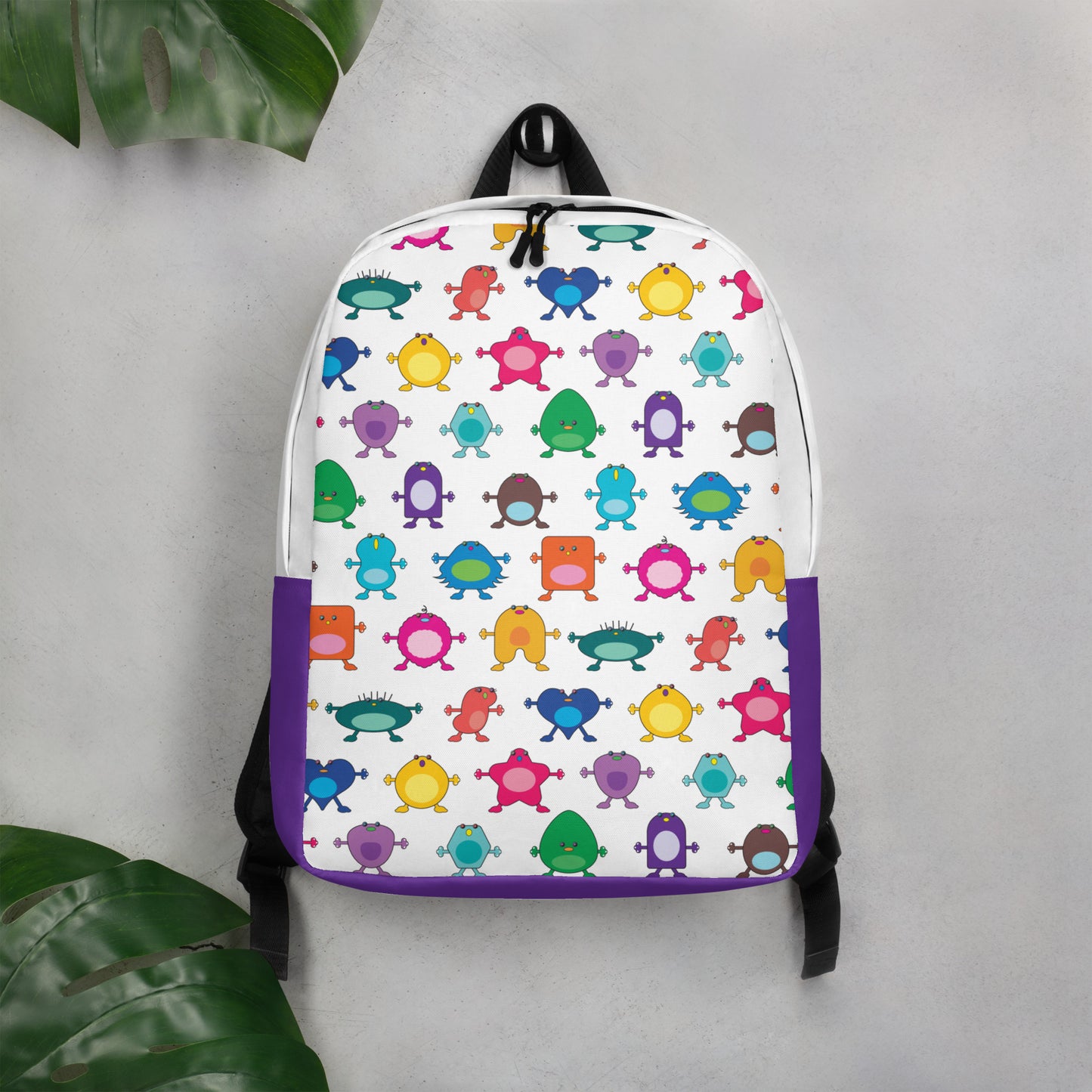 Large Monster White Minimalist Backpack purple base no pocket