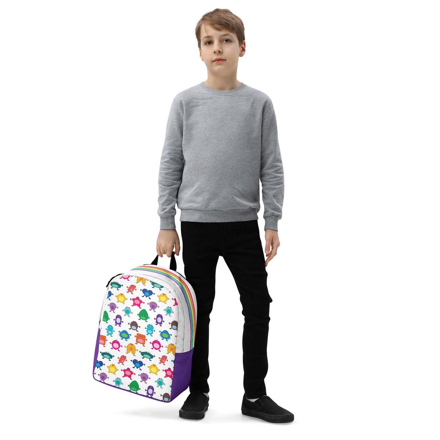 Large Monster White Minimalist Backpack purple base no pocket boy front
