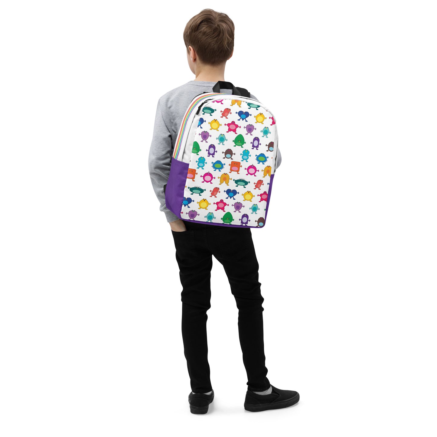Large Monster White Minimalist Backpack purple base no pocket boy rear