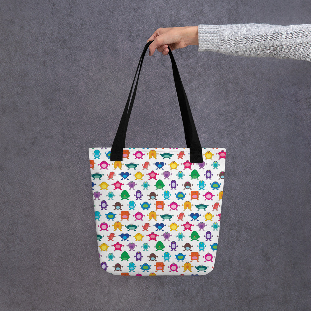 Large Multi colour Monster white Tote bag black handle