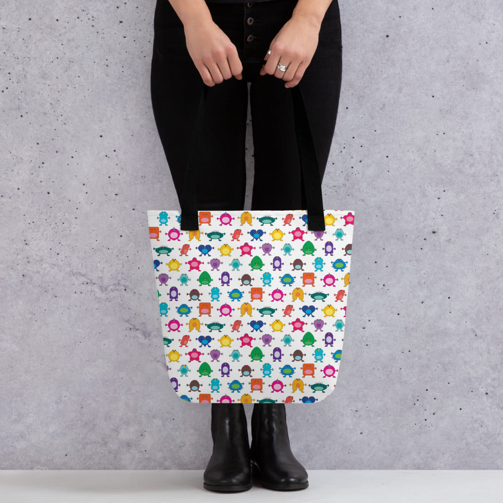 Large Multi colour Monster white Tote bag black handle
