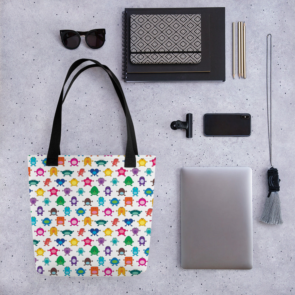 Large Multi colour Monster white Tote bag black handle iPhone laptop