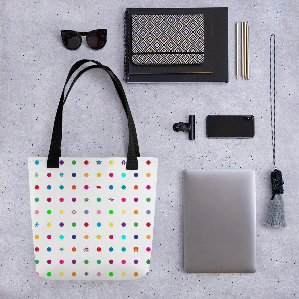 Medium dot and monster white Tote bag black handle iPhone laptop